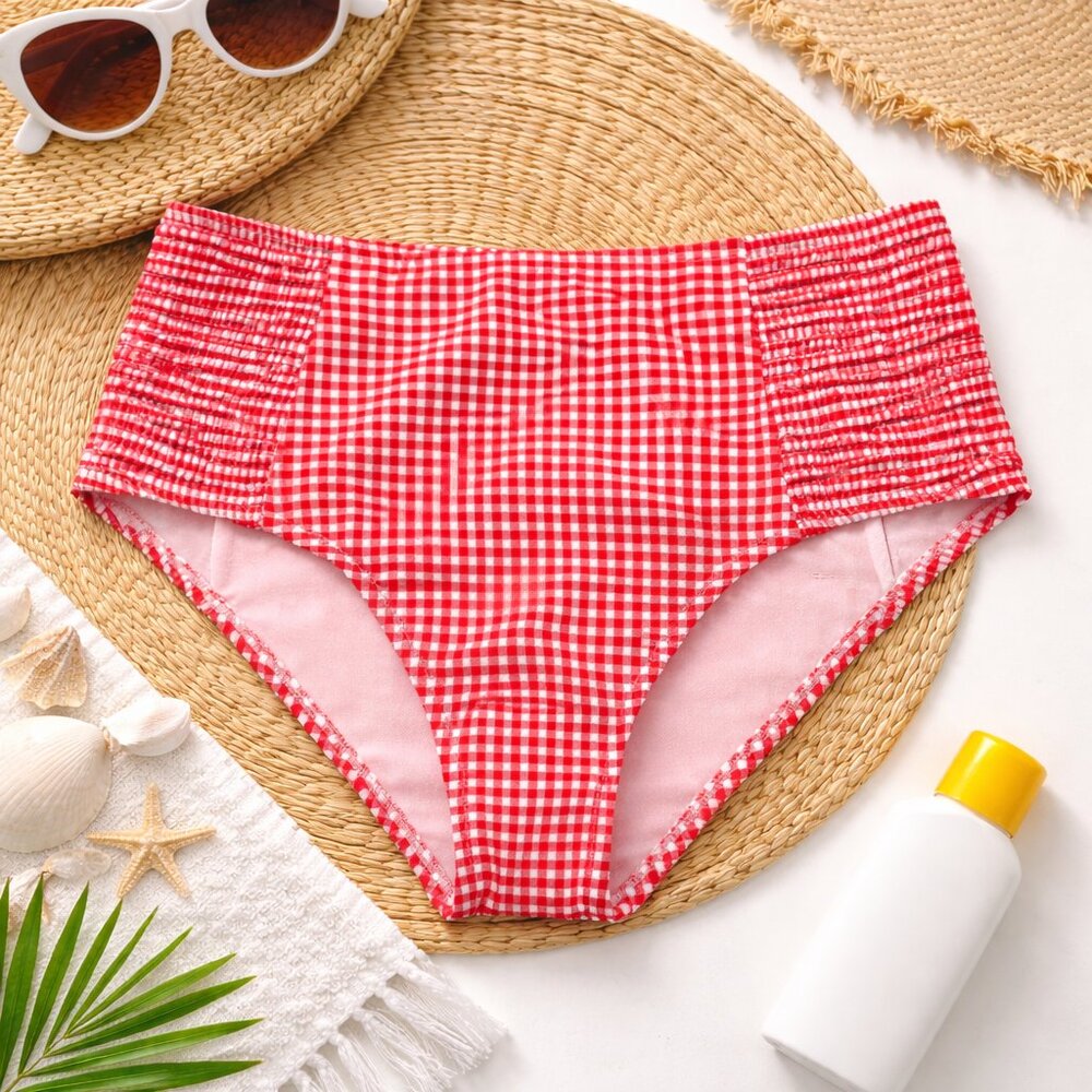 Draper James High Waisted Red Gingham Bikini Bottoms Swimwear Retro Size Medium
